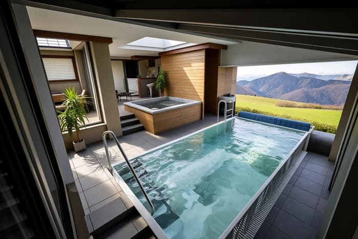 Interiérový nerezový bazén s výhledem do hor